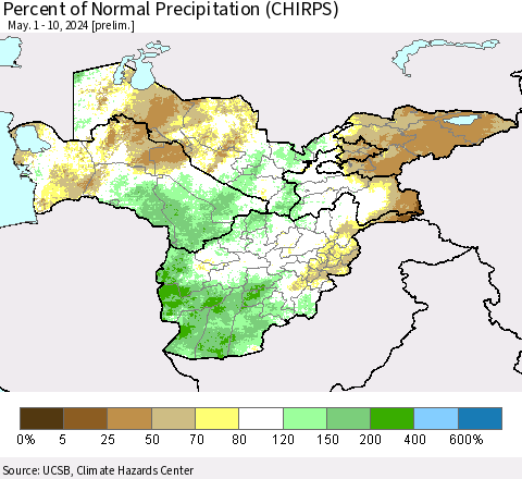 Central Asia Percent of Normal Precipitation (CHIRPS) Thematic Map For 5/1/2024 - 5/10/2024