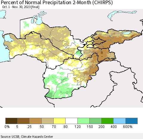 Central Asia Percent of Normal Precipitation 2-Month (CHIRPS) Thematic Map For 10/1/2023 - 11/30/2023