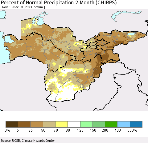 Central Asia Percent of Normal Precipitation 2-Month (CHIRPS) Thematic Map For 11/1/2023 - 12/31/2023