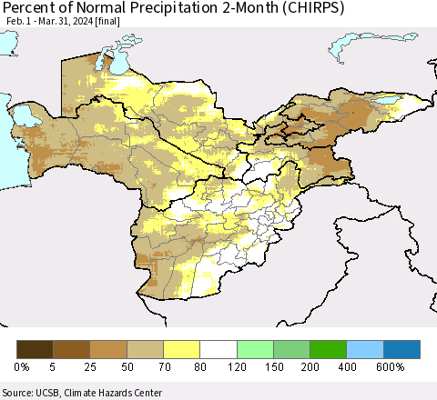 Central Asia Percent of Normal Precipitation 2-Month (CHIRPS) Thematic Map For 2/1/2024 - 3/31/2024