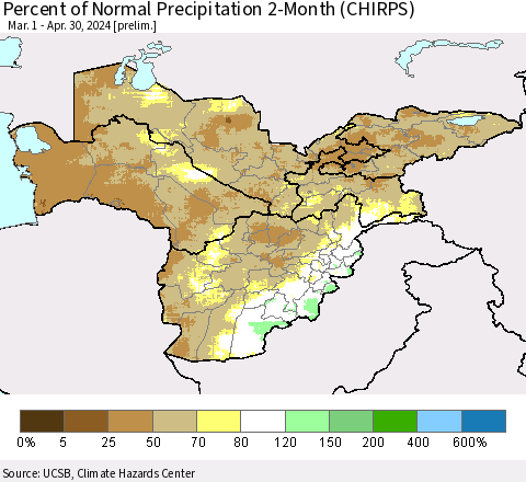 Central Asia Percent of Normal Precipitation 2-Month (CHIRPS) Thematic Map For 3/1/2024 - 4/30/2024
