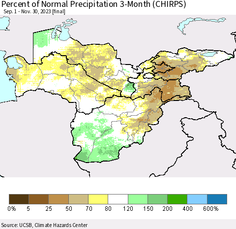 Central Asia Percent of Normal Precipitation 3-Month (CHIRPS) Thematic Map For 9/1/2023 - 11/30/2023