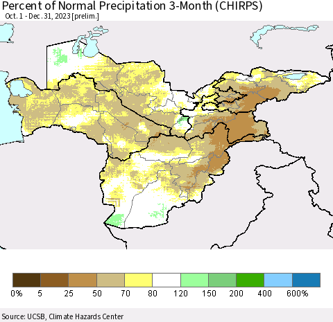 Central Asia Percent of Normal Precipitation 3-Month (CHIRPS) Thematic Map For 10/1/2023 - 12/31/2023