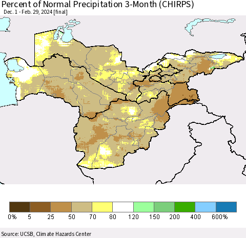 Central Asia Percent of Normal Precipitation 3-Month (CHIRPS) Thematic Map For 12/1/2023 - 2/29/2024