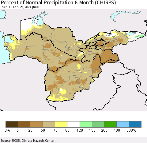 Central Asia Percent of Normal Precipitation 6-Month (CHIRPS) Thematic Map For 9/1/2023 - 2/29/2024