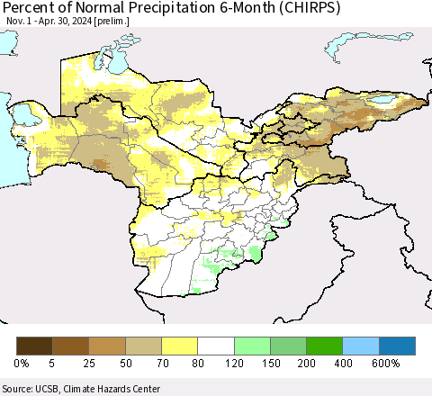 Central Asia Percent of Normal Precipitation 6-Month (CHIRPS) Thematic Map For 11/1/2023 - 4/30/2024