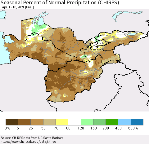 Central Asia Seasonal Percent of Normal Precipitation (CHIRPS) Thematic Map For 4/1/2021 - 4/10/2021