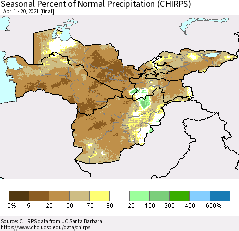 Central Asia Seasonal Percent of Normal Precipitation (CHIRPS) Thematic Map For 4/1/2021 - 4/20/2021