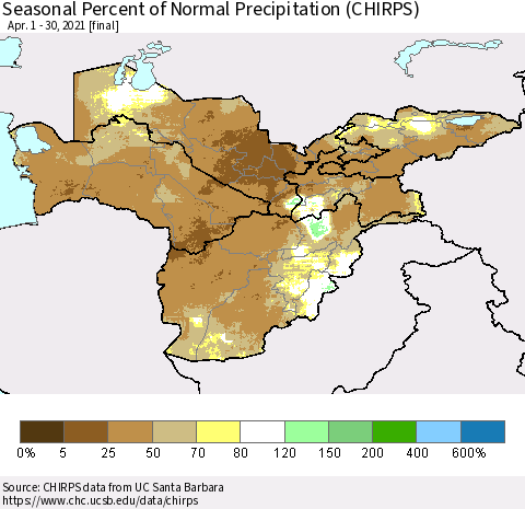 Central Asia Seasonal Percent of Normal Precipitation (CHIRPS) Thematic Map For 4/1/2021 - 4/30/2021