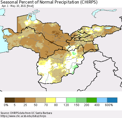 Central Asia Seasonal Percent of Normal Precipitation (CHIRPS) Thematic Map For 4/1/2021 - 5/10/2021