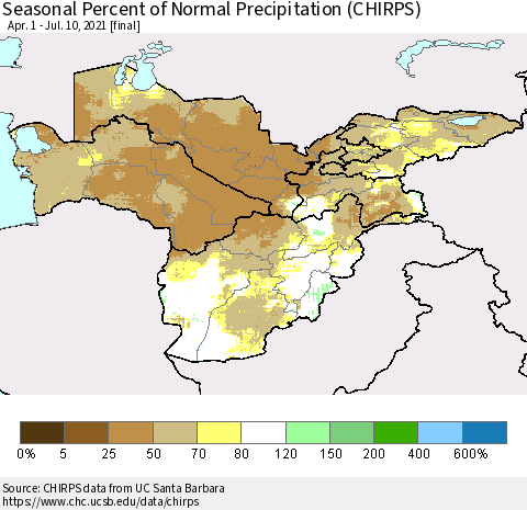 Central Asia Seasonal Percent of Normal Precipitation (CHIRPS) Thematic Map For 4/1/2021 - 7/10/2021