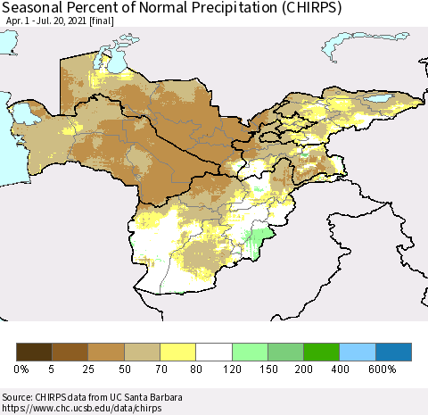 Central Asia Seasonal Percent of Normal Precipitation (CHIRPS) Thematic Map For 4/1/2021 - 7/20/2021
