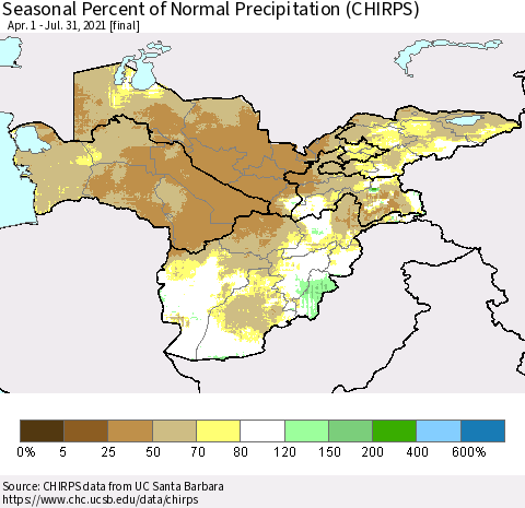Central Asia Seasonal Percent of Normal Precipitation (CHIRPS) Thematic Map For 4/1/2021 - 7/31/2021