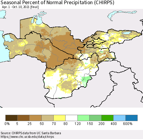 Central Asia Seasonal Percent of Normal Precipitation (CHIRPS) Thematic Map For 4/1/2021 - 10/10/2021