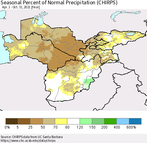 Central Asia Seasonal Percent of Normal Precipitation (CHIRPS) Thematic Map For 4/1/2021 - 10/31/2021