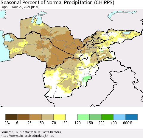 Central Asia Seasonal Percent of Normal Precipitation (CHIRPS) Thematic Map For 4/1/2021 - 11/20/2021