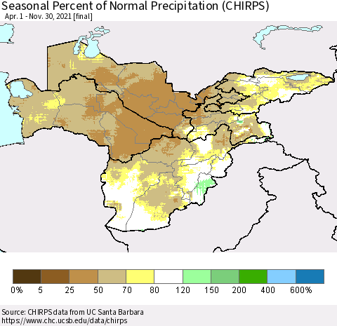 Central Asia Seasonal Percent of Normal Precipitation (CHIRPS) Thematic Map For 4/1/2021 - 11/30/2021