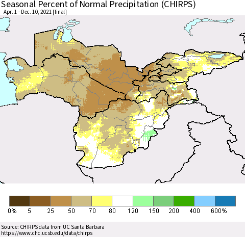 Central Asia Seasonal Percent of Normal Precipitation (CHIRPS) Thematic Map For 4/1/2021 - 12/10/2021