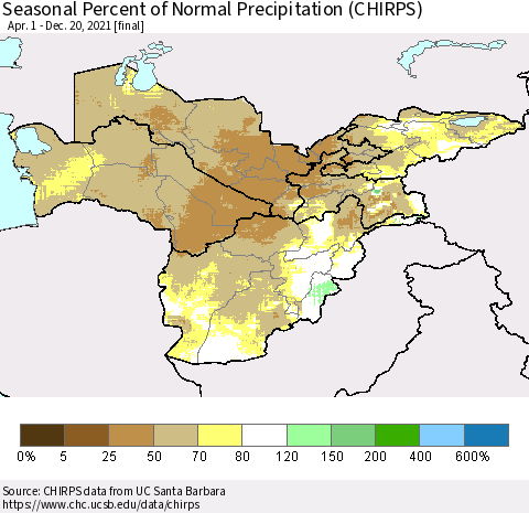 Central Asia Seasonal Percent of Normal Precipitation (CHIRPS) Thematic Map For 4/1/2021 - 12/20/2021