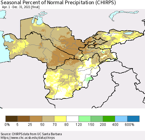Central Asia Seasonal Percent of Normal Precipitation (CHIRPS) Thematic Map For 4/1/2021 - 12/31/2021