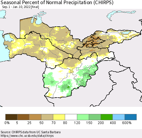 Central Asia Seasonal Percent of Normal Precipitation (CHIRPS) Thematic Map For 9/1/2021 - 1/10/2022