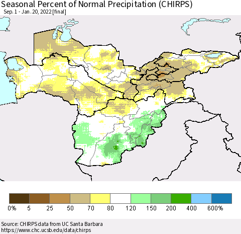 Central Asia Seasonal Percent of Normal Precipitation (CHIRPS) Thematic Map For 9/1/2021 - 1/20/2022