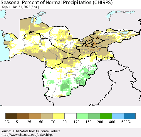 Central Asia Seasonal Percent of Normal Precipitation (CHIRPS) Thematic Map For 9/1/2021 - 1/31/2022