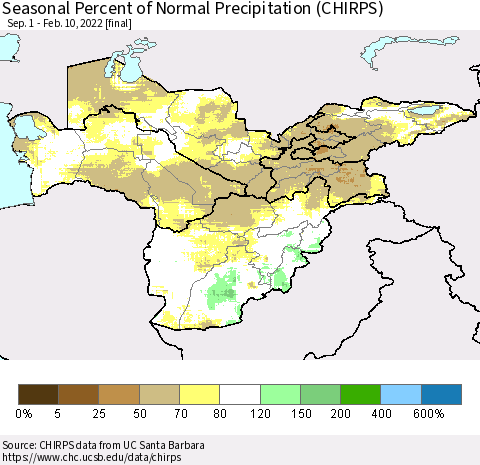 Central Asia Seasonal Percent of Normal Precipitation (CHIRPS) Thematic Map For 9/1/2021 - 2/10/2022