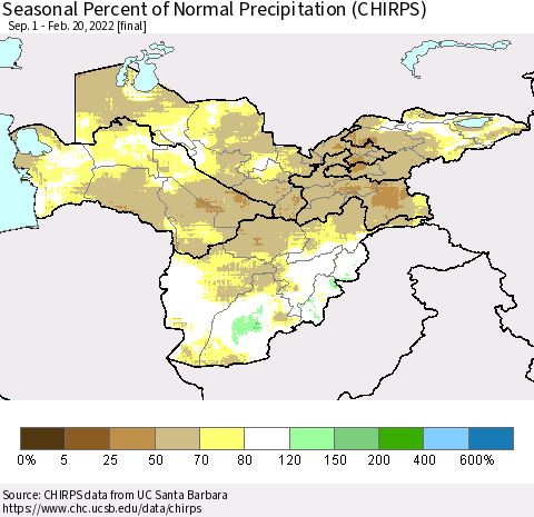 Central Asia Seasonal Percent of Normal Precipitation (CHIRPS) Thematic Map For 9/1/2021 - 2/20/2022