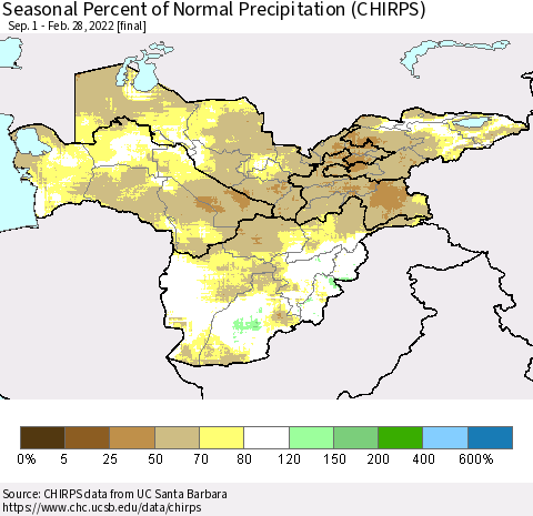 Central Asia Seasonal Percent of Normal Precipitation (CHIRPS) Thematic Map For 9/1/2021 - 2/28/2022