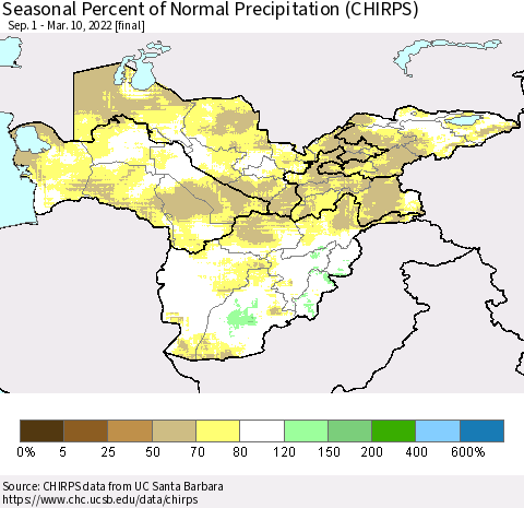 Central Asia Seasonal Percent of Normal Precipitation (CHIRPS) Thematic Map For 9/1/2021 - 3/10/2022