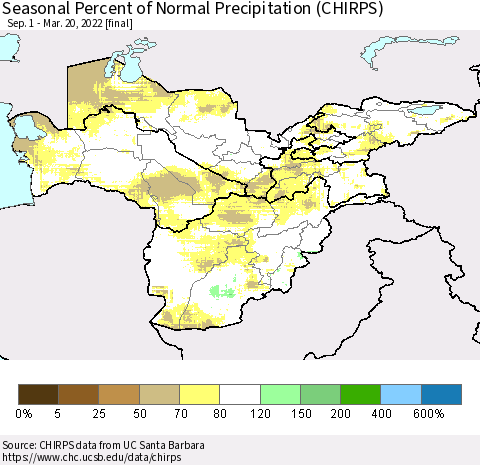 Central Asia Seasonal Percent of Normal Precipitation (CHIRPS) Thematic Map For 9/1/2021 - 3/20/2022