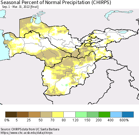 Central Asia Seasonal Percent of Normal Precipitation (CHIRPS) Thematic Map For 9/1/2021 - 3/31/2022