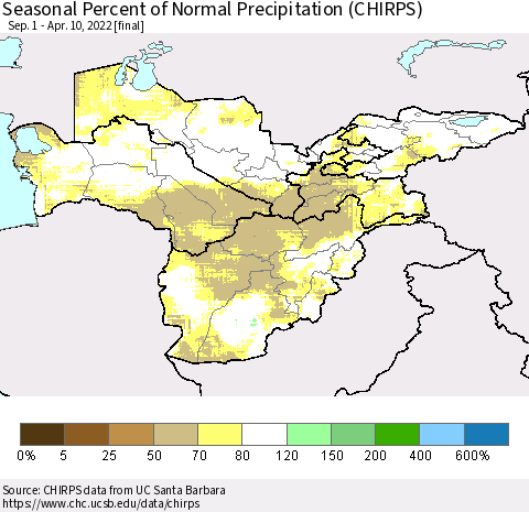 Central Asia Seasonal Percent of Normal Precipitation (CHIRPS) Thematic Map For 9/1/2021 - 4/10/2022