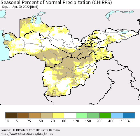 Central Asia Seasonal Percent of Normal Precipitation (CHIRPS) Thematic Map For 9/1/2021 - 4/20/2022