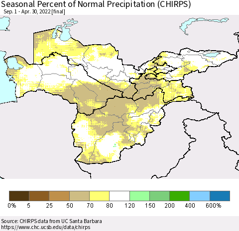Central Asia Seasonal Percent of Normal Precipitation (CHIRPS) Thematic Map For 9/1/2021 - 4/30/2022