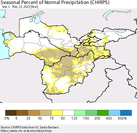 Central Asia Seasonal Percent of Normal Precipitation (CHIRPS) Thematic Map For 9/1/2021 - 5/10/2022