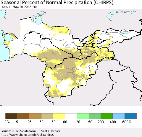 Central Asia Seasonal Percent of Normal Precipitation (CHIRPS) Thematic Map For 9/1/2021 - 5/20/2022