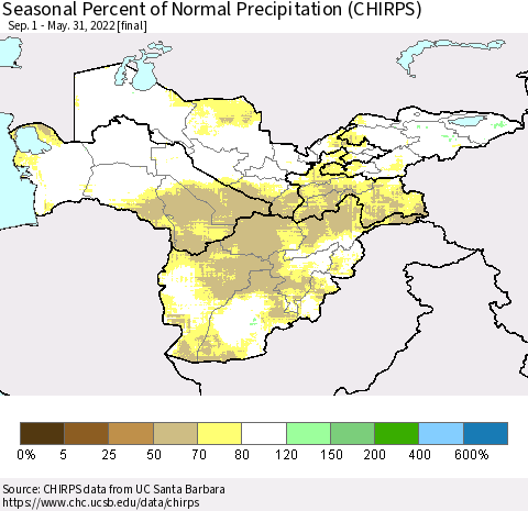 Central Asia Seasonal Percent of Normal Precipitation (CHIRPS) Thematic Map For 9/1/2021 - 5/31/2022