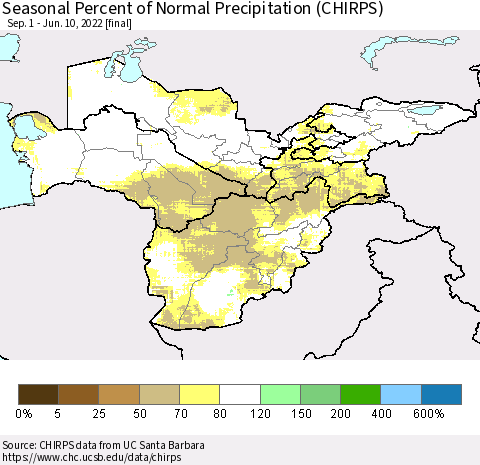 Central Asia Seasonal Percent of Normal Precipitation (CHIRPS) Thematic Map For 9/1/2021 - 6/10/2022