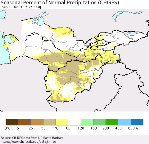 Central Asia Seasonal Percent of Normal Precipitation (CHIRPS) Thematic Map For 9/1/2021 - 6/30/2022