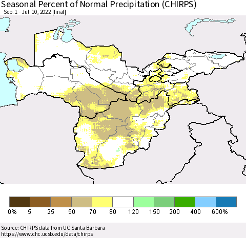 Central Asia Seasonal Percent of Normal Precipitation (CHIRPS) Thematic Map For 9/1/2021 - 7/10/2022