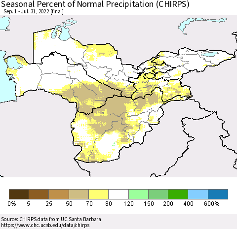 Central Asia Seasonal Percent of Normal Precipitation (CHIRPS) Thematic Map For 9/1/2021 - 7/31/2022