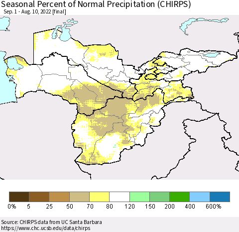 Central Asia Seasonal Percent of Normal Precipitation (CHIRPS) Thematic Map For 9/1/2021 - 8/10/2022