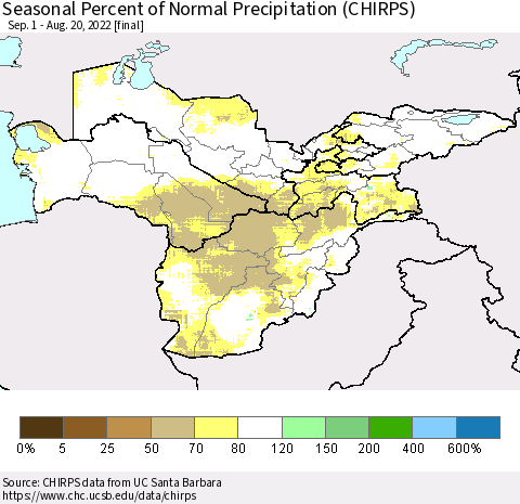 Central Asia Seasonal Percent of Normal Precipitation (CHIRPS) Thematic Map For 9/1/2021 - 8/20/2022