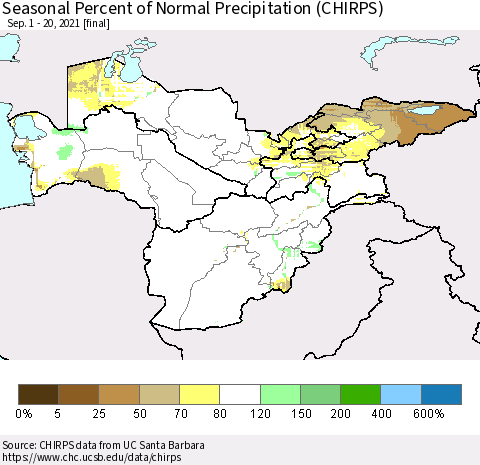 Central Asia Seasonal Percent of Normal Precipitation (CHIRPS) Thematic Map For 9/1/2021 - 9/20/2021