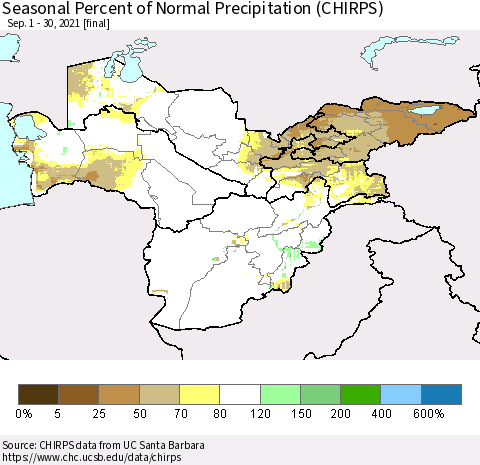 Central Asia Seasonal Percent of Normal Precipitation (CHIRPS) Thematic Map For 9/1/2021 - 9/30/2021
