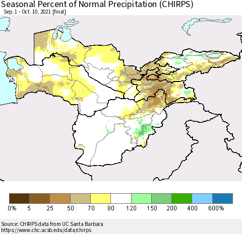Central Asia Seasonal Percent of Normal Precipitation (CHIRPS) Thematic Map For 9/1/2021 - 10/10/2021