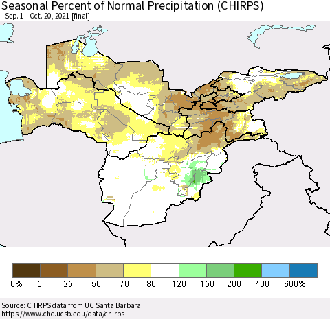 Central Asia Seasonal Percent of Normal Precipitation (CHIRPS) Thematic Map For 9/1/2021 - 10/20/2021