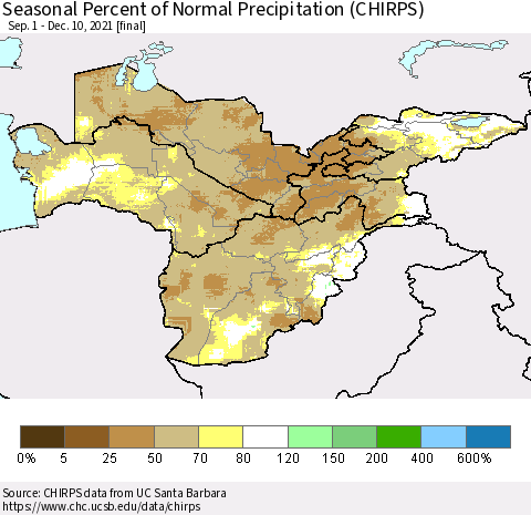 Central Asia Seasonal Percent of Normal Precipitation (CHIRPS) Thematic Map For 9/1/2021 - 12/10/2021